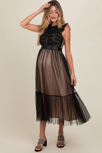 PinkBlush Black Lace Contrast Tulle Maternity Maxi Dress