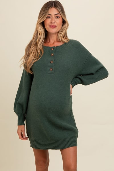 PinkBlush Forest Green Half Button Up Maternity Mini Sweater Dress