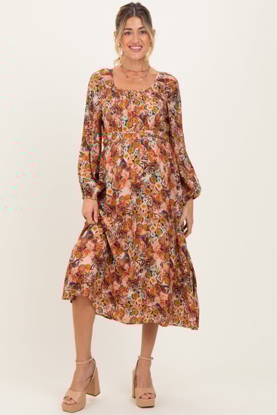 PinkBlush Cream Floral Fruit Smocked Waist Maternity Midi Dress