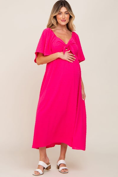 PinkBlush Fuchsia Textured Dot Front Tie Ruffle Sleeve Maternity Midi Dress