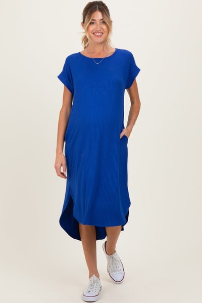 PinkBlush Royal Ribbed Curved Hem Maternity Midi Dress