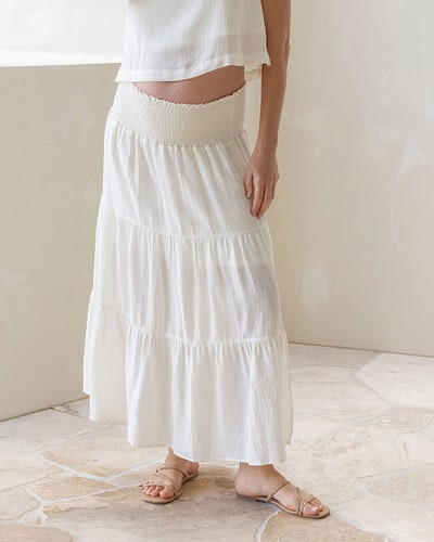 Angel Maternity Ellie Maternity Shirred Maxi Skirt in White
