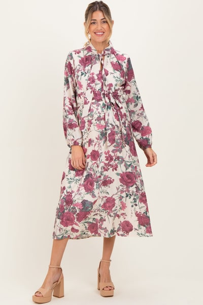 PinkBlush Cream Floral Neck Tie Long Sleeve Maternity Midi Dress