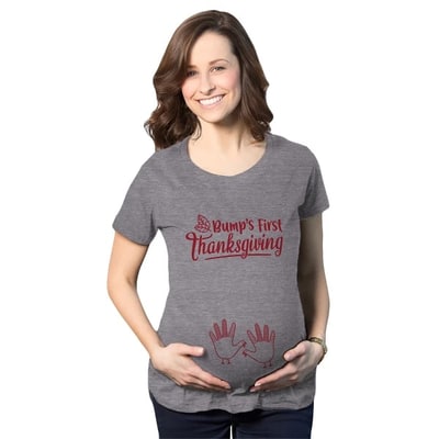 Target Maternity Bump's First Thanksgiving T Shirt Cute Funny Turkey Day Pregnancy Tee - Crazy Dog Maternity T Shirt for Thanksgiving Dark Grey S