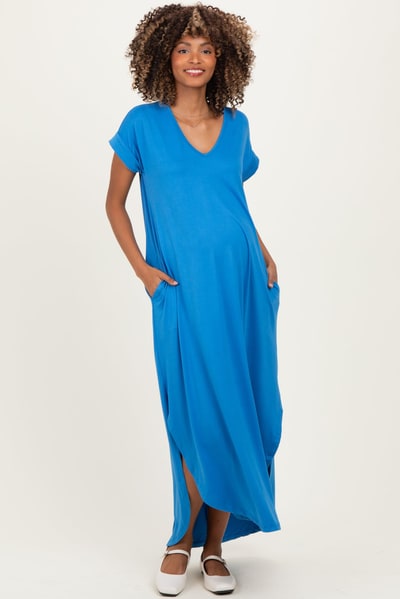 PinkBlush Aqua Blue Side Slit Maternity Maxi Dress
