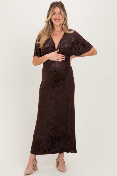 PinkBlush Brown Floral Velvet V-Neck Short Sleeve Maternity Maxi Dress