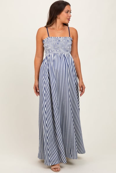 PinkBlush Navy Striped Sleeveless Smocked Poplin Maternity Maxi Dress