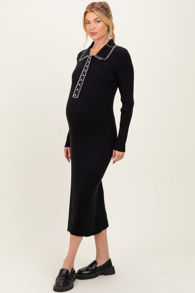 PinkBlush Black Contrast Stitch Maternity Midi Sweater Dress