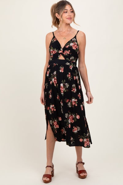 PinkBlush Black Rose Print Twist Front Cutout Maternity Midi Dress