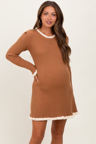 PinkBlush Camel Ribbed Knit Contrast Ruffle Trim Maternity Mini Dress