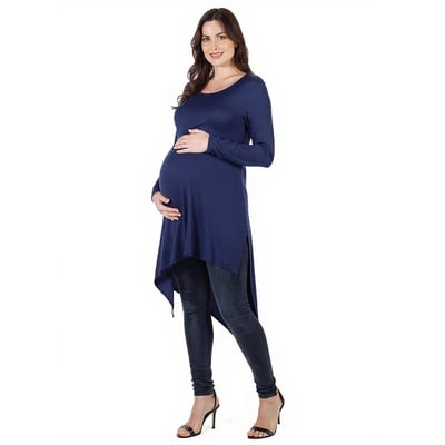 Target 24seven Comfort Apparel Maternity Long Sleeve Knee Length Asymmetrical Tunic Top-Navy-2X