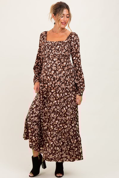 PinkBlush Brown Floral Square Neck Long Sleeve Maternity Maxi Dress