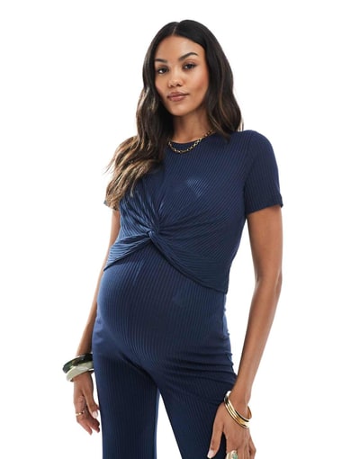 ASOS Mamalicious Maternity ribbed jersey cropped t-shirt and wide leg pants set in navy