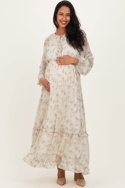 PinkBlush Cream Floral Chiffon Ruffle Detail Maternity Maxi Dress