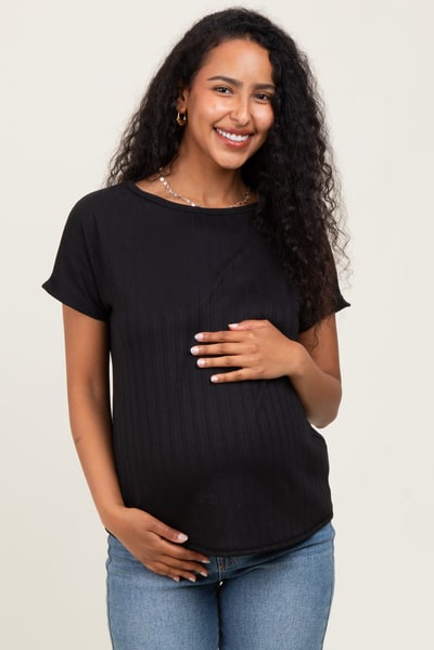 PinkBlush Black Ribbed Relaxed Maternity Tee