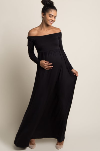 PinkBlush PinkBlush Petite Black Solid Off Shoulder Maternity Maxi Dress