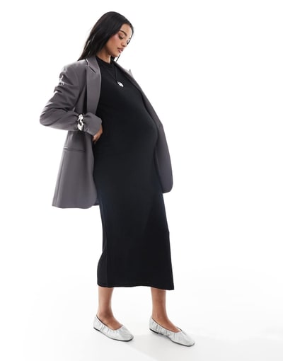 ASOS Mamalicious Maternity soft high neck ribbed long sleeved midi dress in black