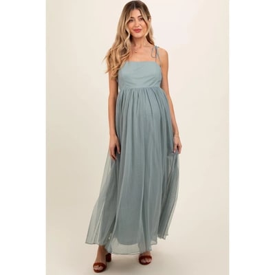 Target Pinkblush Green Square Neck Shoulder Tie Tulle Maternity Maxi Dress Small