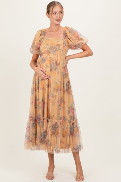 PinkBlush Yellow Floral Tulle Puff Sleeve Maternity Midi Dress