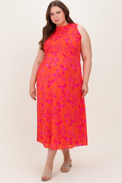PinkBlush Orange Floral Smocked Sleeveless Maternity Midi Dress