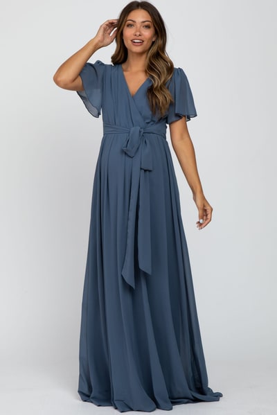 PinkBlush Blue Chiffon Short Sleeve Maternity Maxi Dress
