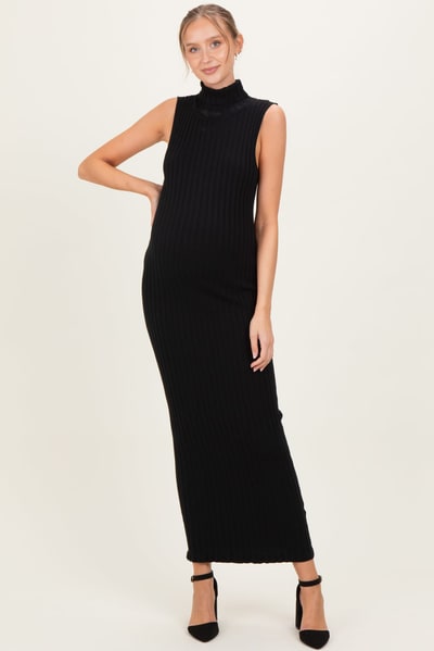 PinkBlush Black Turtleneck Ribbed Knit Sleeveless Maternity Maxi Dress