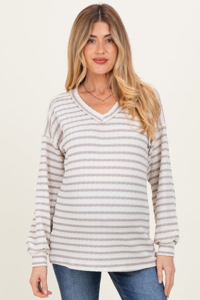 PinkBlush Cream/Taupe Long Puff Sleeve V-Neck Striped Maternity Top
