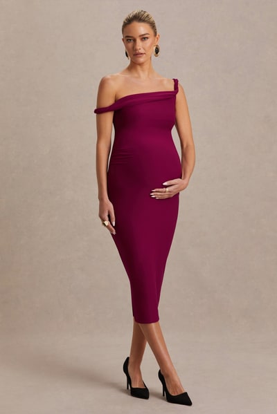 Club L London Salome | Burgundy Twisted Asymmetric Maternity Midi Dress