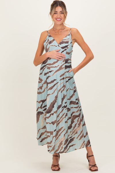 PinkBlush Light Blue Printed Open Tie Back Maternity Maxi Dress