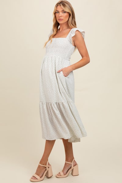 PinkBlush Cream Ruffle Strap Smocked Maternity Mid Dress