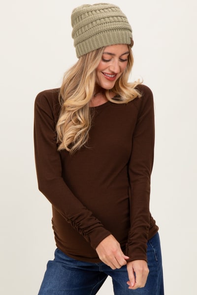 PinkBlush Brown Solid Ribbed Ruched Long Sleeve Maternity Top