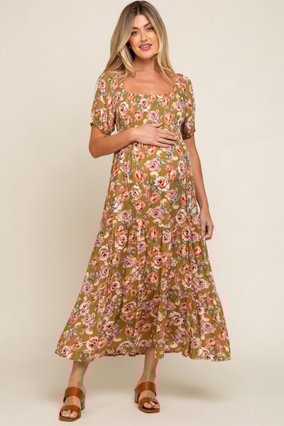 PinkBlush Olive Floral Smocked Square Neck Tiered Maternity Maxi Dress