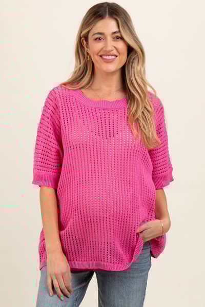 PinkBlush Fuchsia Crochet Knit Short Dolman Sleeve Maternity Top