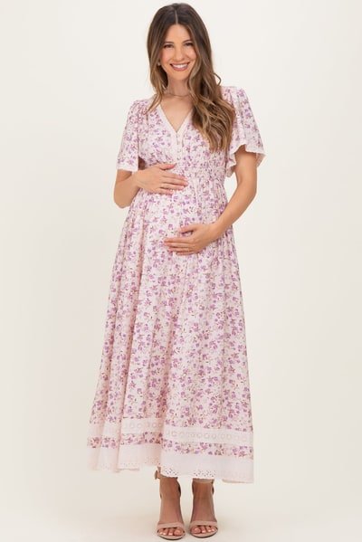 PinkBlush Lavender Floral Lace Trim Flutter Sleeve Maternity Maxi Dress