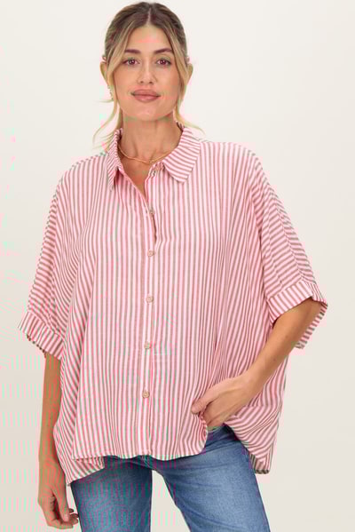 PinkBlush Red Striped Button Up Dolman Maternity Top