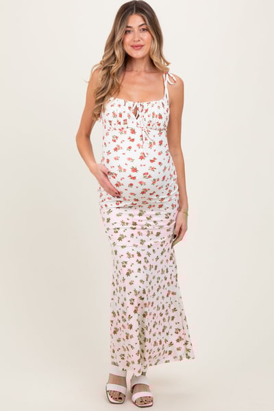 PinkBlush Red Ribbed Floral Shoulder Tie Maternity Maxi Dress