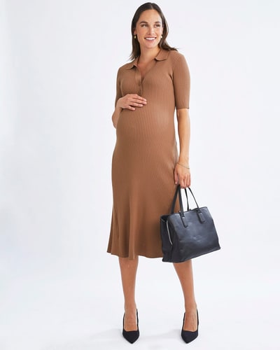 Angel Maternity Elegance Knit Maternity Midi Dress in Camel