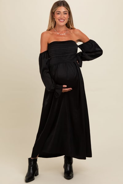 PinkBlush Black Off Shoulder Satin Pleated Bodice Maternity Maxi Dress