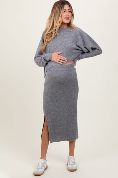 PinkBlush Heather Grey Ribbed Knit Asymmetric Top Midi Skirt Maternity Set