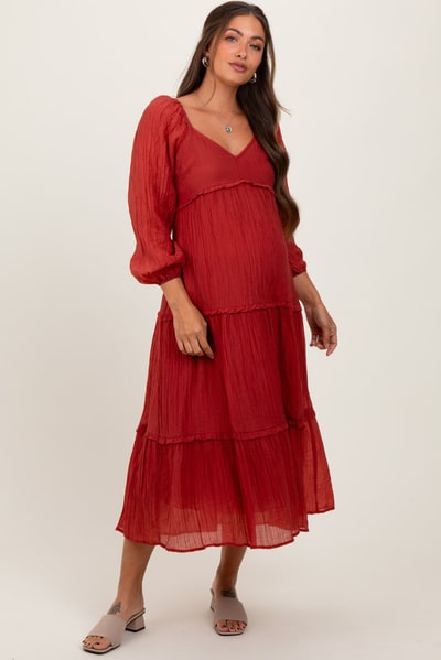 PinkBlush Rust Ruffle Accent Tiered Long Sleeve Maternity Maxi Dress