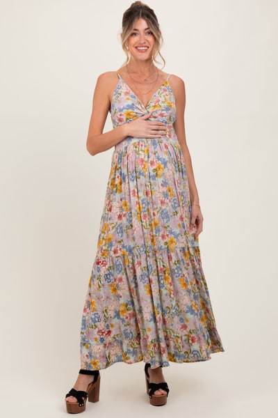 PinkBlush Mint Green Floral Twist Front Cutout Maternity Maxi Dress