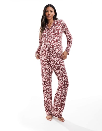 ASOS Loungeable Maternity super soft jersey revere pajama set with piping detail in red leopard print