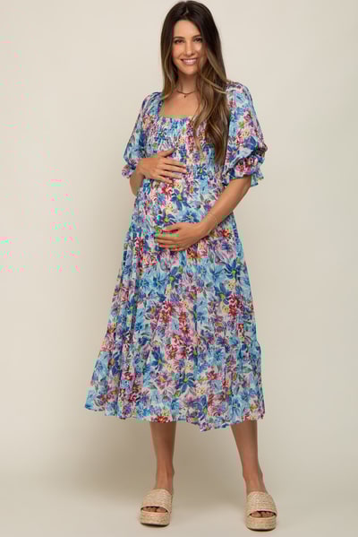 PinkBlush Blue Floral Shimmer Chiffon Ruffle Square Neck Smocked Maternity Midi Dress