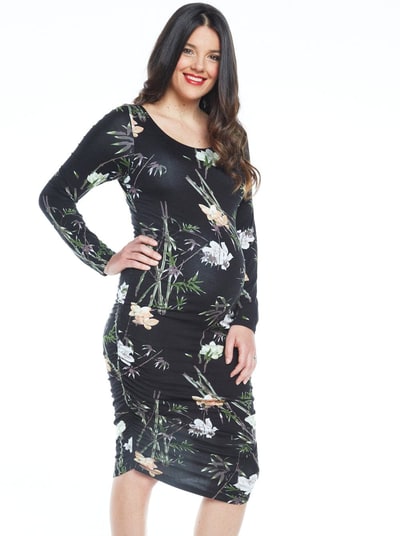 Angel Maternity Maternity Bodycon Long Sleeve Print Dress - Black Floral