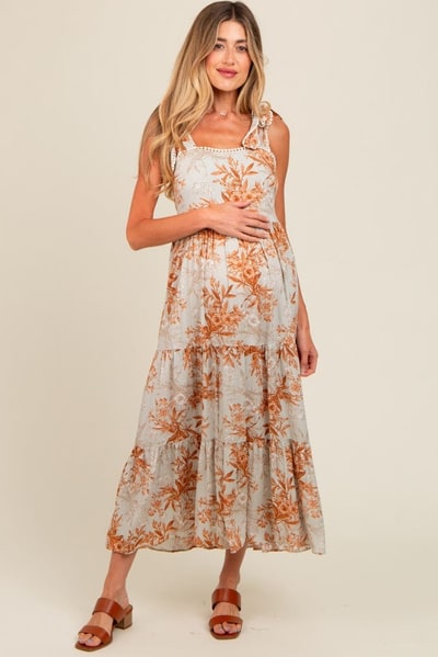PinkBlush Rust Crochet Trim Floral Maternity Maxi Dress