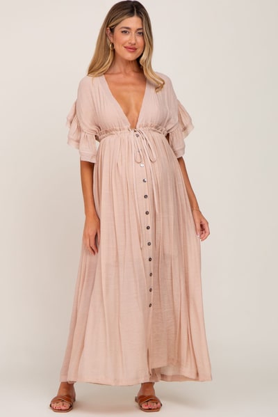 PinkBlush Light Pink Deep V-Neck Button Down Maternity Maxi Dress