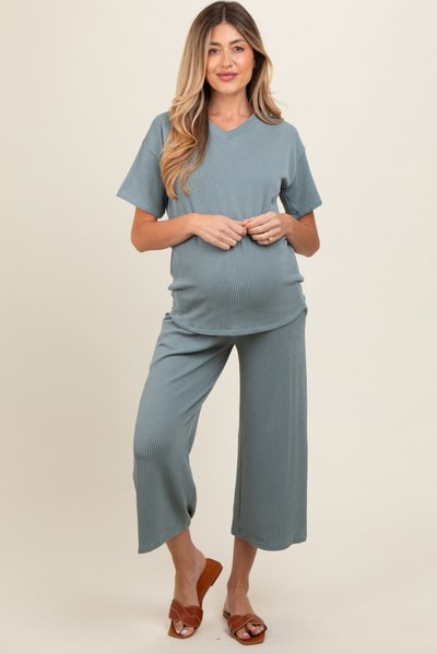 PinkBlush Dark Teal Ribbed Short Sleeve Top Maternity Pajama Set