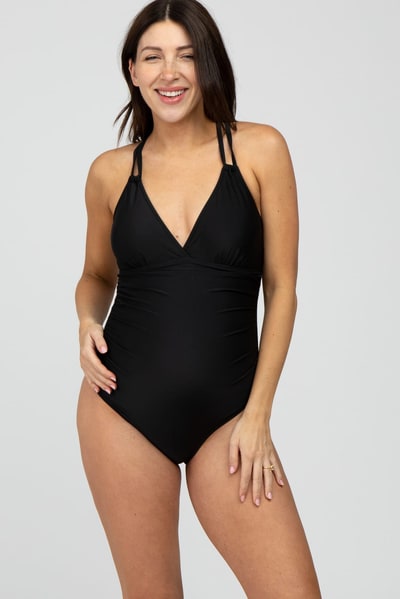 PinkBlush Black Ruched Side Strappy Cross Back Maternity One Piece Swimsuit