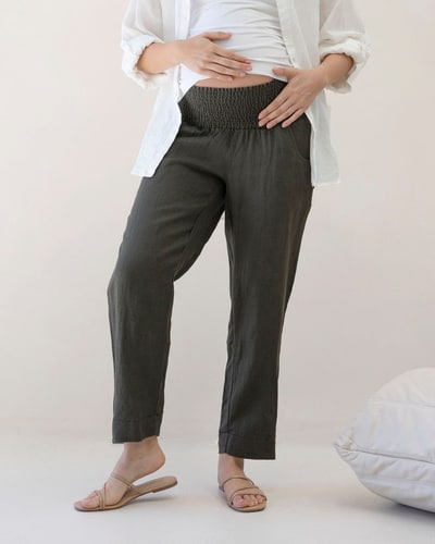 Angel Maternity Pamela Tapered Linen Maternity Pants in Khaki