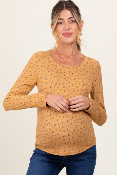 PinkBlush Yellow Floral Ribbed Long Sleeve Maternity Top